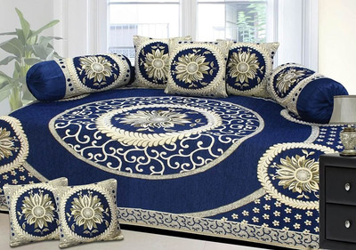 AK Decor Velvet Abstract Diwan Set(Blue, Beige)