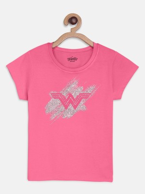 kidsville Girls Printed Pure Cotton T Shirt(Pink, Pack of 1)