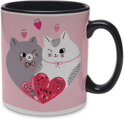 COLOR YARD best happy valentines day gift cartoon cute couple cats shape heart vector design on black inner handle Ceramic Coffee Mug(320 ml)