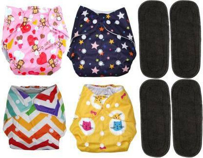 kogar Printed All in One Washable Reusable Adjustable Cloth Diapers Nappy with 5 Layer Bamboo Charcoal Insert - 0-24 Months (4 Diaper + 4 Inserts)