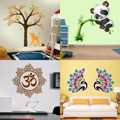 EJAart 60 cm Cute Panda On Treedecorative Peacock Featherdesigner Omelegant Orange Deer And Tree Self Adhesive Sticker(Pack of 4)