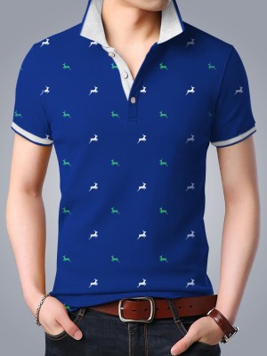 Seven Rocks Printed Men Polo Neck White, Blue T-Shirt