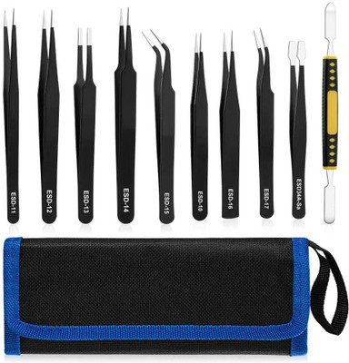 Afflatus 10 Pcs Industrial Precision Tweezer Set Anti-Static Stainless Steel Tweezer Kit for Mobile electronic Repairing Craft Jewelry Soldering Repair Work with Bag