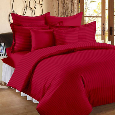 Creations@Home 210 TC Satin Double Striped Flat Bedsheet(Pack of 1, Red)