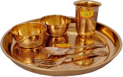 Shivshakti Arts Pack of 6 Brass Brass Dinner Set | Thali Set - 6 Pieces - Eatching Flower Design Dinner Set(Yellow)