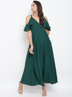 Berrylush Women Fit and Flare Green Maxi/Full Length Dress