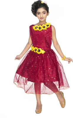 new gen Indi Girls Calf Length Party Dress(Maroon, Sleeveless)