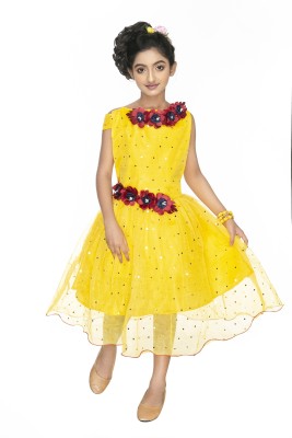 new gen Indi Girls Midi/Knee Length Party Dress(Yellow, Sleeveless)