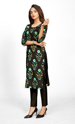 TexStile Women Floral Print Straight Kurta(Black)