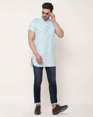 B BEN Men Solid Straight Kurta(Light Blue)