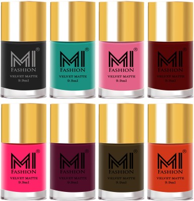 MI FASHION Unique Velvet Matte Nail Polish Sets Cosmetics Nail Paint Combo-No-305 Black,Sky Blue,Baby Pink,Red,Neon Pink,Magenta,Olive Brown ,Orange(Pack of 8)