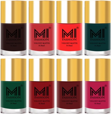MI FASHION Unique Velvet Matte Nail Polish Sets Cosmetics Nail Paint Combo-No-11 Dark Brown,Light Peach,Neon Orange,Dark Green,Green,Tomato Red,Maroon,Pink(Pack of 8)