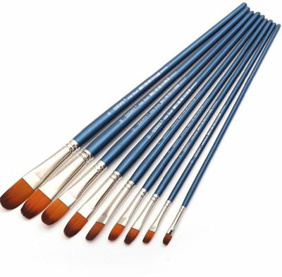 CHROME Long Handle Synthetic Filbert Tip Artist Paint Brushes(Set of 9, Blue)