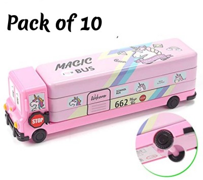 ShubhKraft Bus Shape with Rotating Wheels Art Metal Pencil Box Cartoon Art Metal Pencil Boxes(Set of 10, Pink)