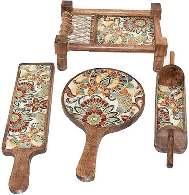 Tailos Handmade Bed Platter, Roller Platter, Cricket Bat Platter, Pizza Platter, For Tableware, Dinnerware, Serving Plate Tray(4 Tray)