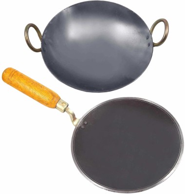 shri gaurangi iron Kadai Deep Frying Pan for Cooking 8 inch 20 cm iron roti tawa 9 in 23 cm Induction Bottom Cookware Set(Iron, 2 - Piece)
