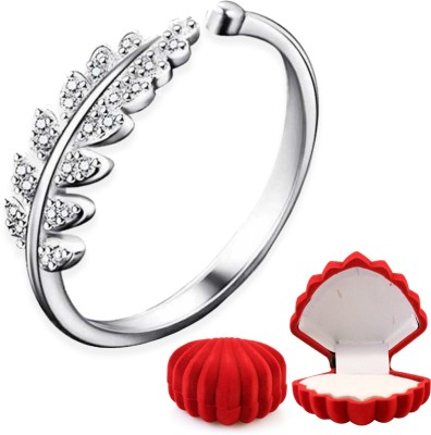 SUKAI JEWELS Leafy Solitaire with Shell Shaped Velvet Box Brass Cubic Zirconia Rhodium Plated Ring