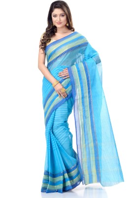 Desh Bidesh Striped Tant Handloom Pure Cotton Saree(Blue)