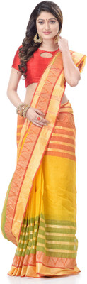 TANTLOOM Striped Handloom Handloom Pure Cotton Saree(Yellow)