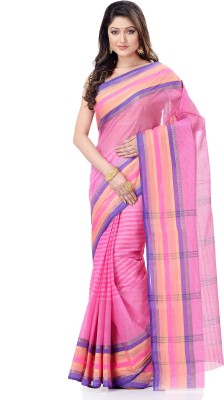 Desh Bidesh Striped Tant Handloom Pure Cotton Saree(Pink)