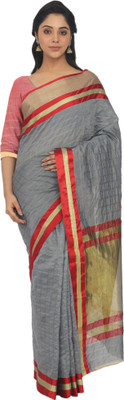 Leeza Store Checkered Maheshwari Cotton Silk Saree(Grey)