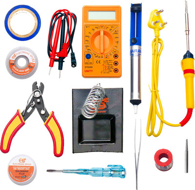 Electrosmart (12 in 1) starter kit 25watt soldering iron/digital multimeter/iron bit/solder stand/solder wire/desoldring pump/desolder wire/paste/cutter tester/tape/tweezer 25 W Simple(Pointed Tip) Electrosmart (12 in 1) starter kit 25watt soldering iron/digital multimeter/iron bit/solder stand/solder wire/desoldring pump/desolder wire/paste/cutter tester/tape/tweezer 25 W Simple(Pointed Tip)