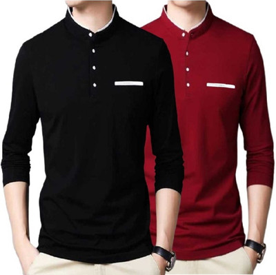 FastColors Solid Men Mandarin Collar Maroon T-Shirt(Pack of 2)