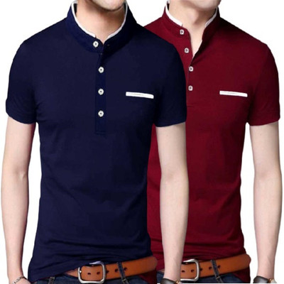 FastColors Solid Men Mandarin Collar Blue Maroon T-ShirtPack of 2