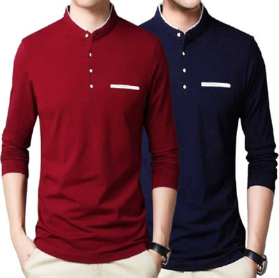 FastColors Solid Men Mandarin Collar Blue T-Shirt(Pack of 2)