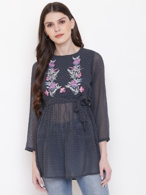 MAYRA Casual 3/4 Sleeve Embroidered Women Grey Top