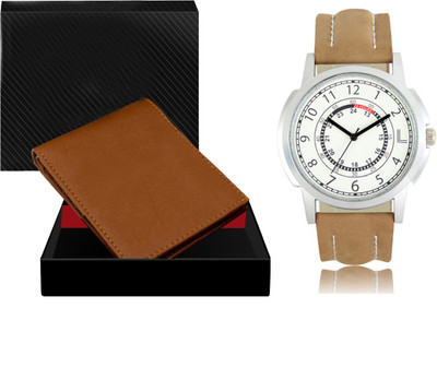 SWIFFIN Combo Of Tan Color Artificial Leather Wallet & Analog Watch  - For Men