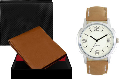 SWIFFIN Combo Of Tan Color Artificial Leather Wallet & Analog Watch  - For Men