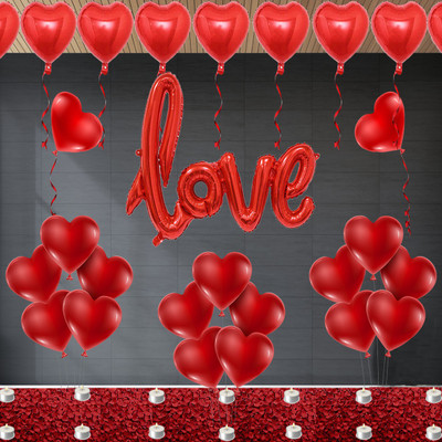 Party Station Solid Pack of 35 pcs Romantic Combo includes - 1 Set of Love Foil Balloon + 20 pcs of Red Heart Shape Balloons + 10 pcs of Tea Light Candles + 1 pc of Red Curling Ribbon for Valentine Day Celebration Balloon(Red, Pack of 35)