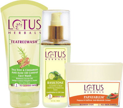 LOTUS HERBALS Double-up Moisturization Set ( Tea Tree Face Wash_ 120 gm + Basiltone _ 80 ml + Papayablem _50gm )(3 Items in the set)