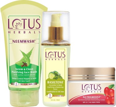 LOTUS HERBALS My Face Care Routine ( Neem Face wash_ 120 gm + Basiltoner _ 80ml + Nutramoist _ 50 gm )(3 Items in the set)