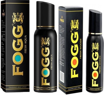 FOGG Fresh Aqua Fragrance Body Spray 120 ML + Fresh Woody Fragrance Body Spray 120 ML ( 120 ml, Pack of 2 ) Deodorant Spray  -  For Men & Women(240 ml, Pack of 2)