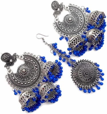 AnEk goods Trendy Oxidized Silver Blue Bead Chandbali 3 jhumki Earrings With Maang Tika Metal Chandbali Earring, Earring Set, Jhumki Earring