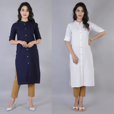 Rimeline Women Solid Straight Kurta(Dark Blue, White)