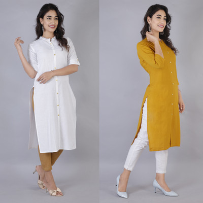 Rimeline Women Solid Straight Kurta(White, Yellow)