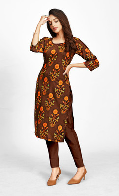 TexStile Women Floral Print Straight Kurta(Brown)