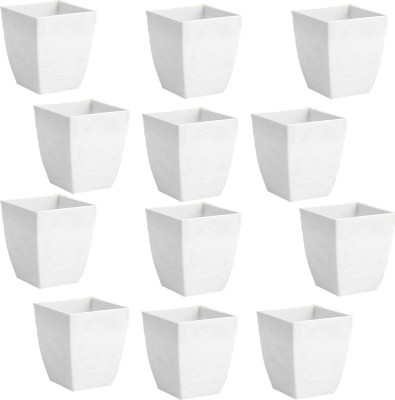 Ramanuj (Pack of 12) Heavy Duty Plastic High Quality Future Green White Sqaure Gardening Flower Pots-8 Inch | Round Garden Plastic Planters Plant Container Set for Garden and Balcony Flowering (Pack of 12, Plastic) White Sqaure Plant Container Set For Indoor/ Outdoor Square Pots Plant Container Set 