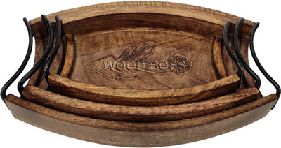 wood boss Wooden carved serving tray set of 3 | Wooden tray with metal handles | Mango wood natural tray for coffee, drink, breakfast Tray(3 Tray)
