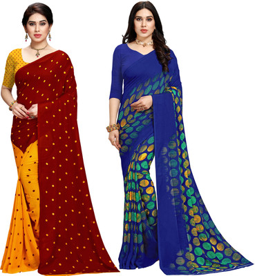 ANAND Printed Daily Wear Georgette Saree(Pack of 2, Red, Blue, Yellow)