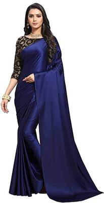 NEZAA EXPORT Solid/Plain Bollywood Satin Saree(Dark Blue)
