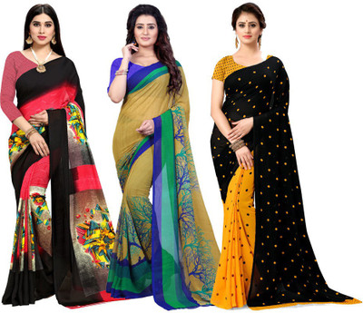 kashvi sarees Printed, Graphic Print, Polka Print Daily Wear Georgette Saree(Pack of 3, Pink, Black, Beige)