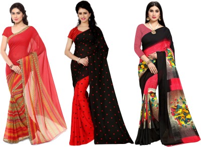 Anand Printed Daily Wear Georgette Saree(Pack of 3, Red, Black, Pink)