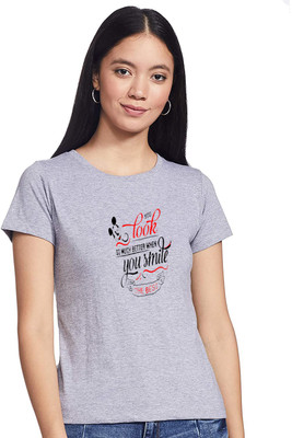 AMULYAM FASHION Printed Women Round Neck Grey T-Shirt