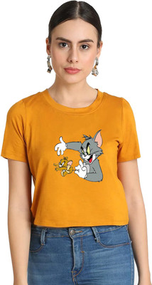 AMULYAM FASHION Printed Women Round Neck Yellow T-Shirt