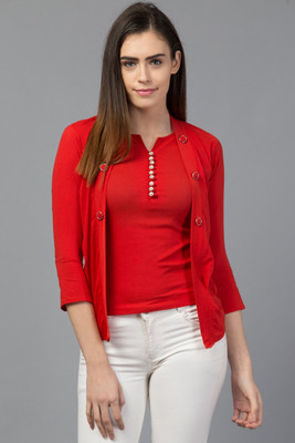 FASHIONZILLA Casual 3/4 Sleeve Solid Women Red Top