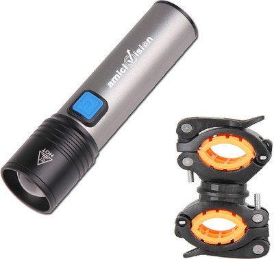 amiciVision USB-Rechargeable LED Flashlight, Powerful Torch Built-in Battery, Cycle Mount Torch(Silver, 12 cm, Rechargeable)